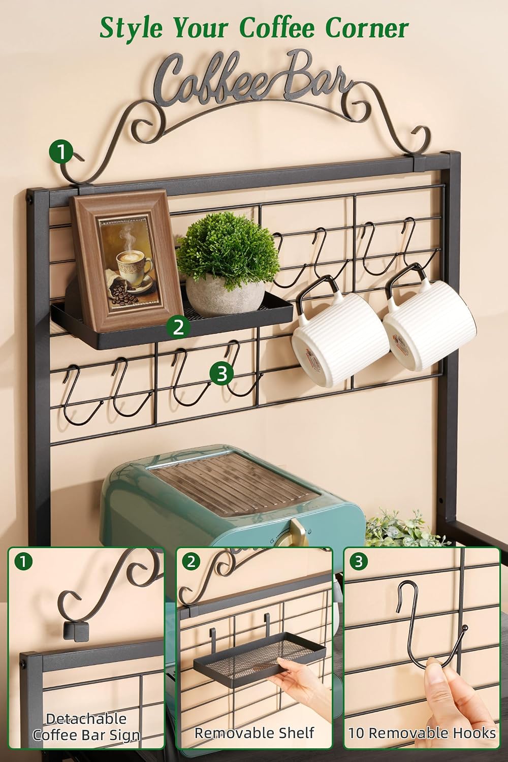 Coffee Bar Cabinet with Storage, Coffee Cart with Wheels, Coffee Station with Coffee Bar Sign and Mug Hook, Corner Coffee Bar Table with Drawer, Bakers Rack for Kitchen Dining Room Living Room Nook