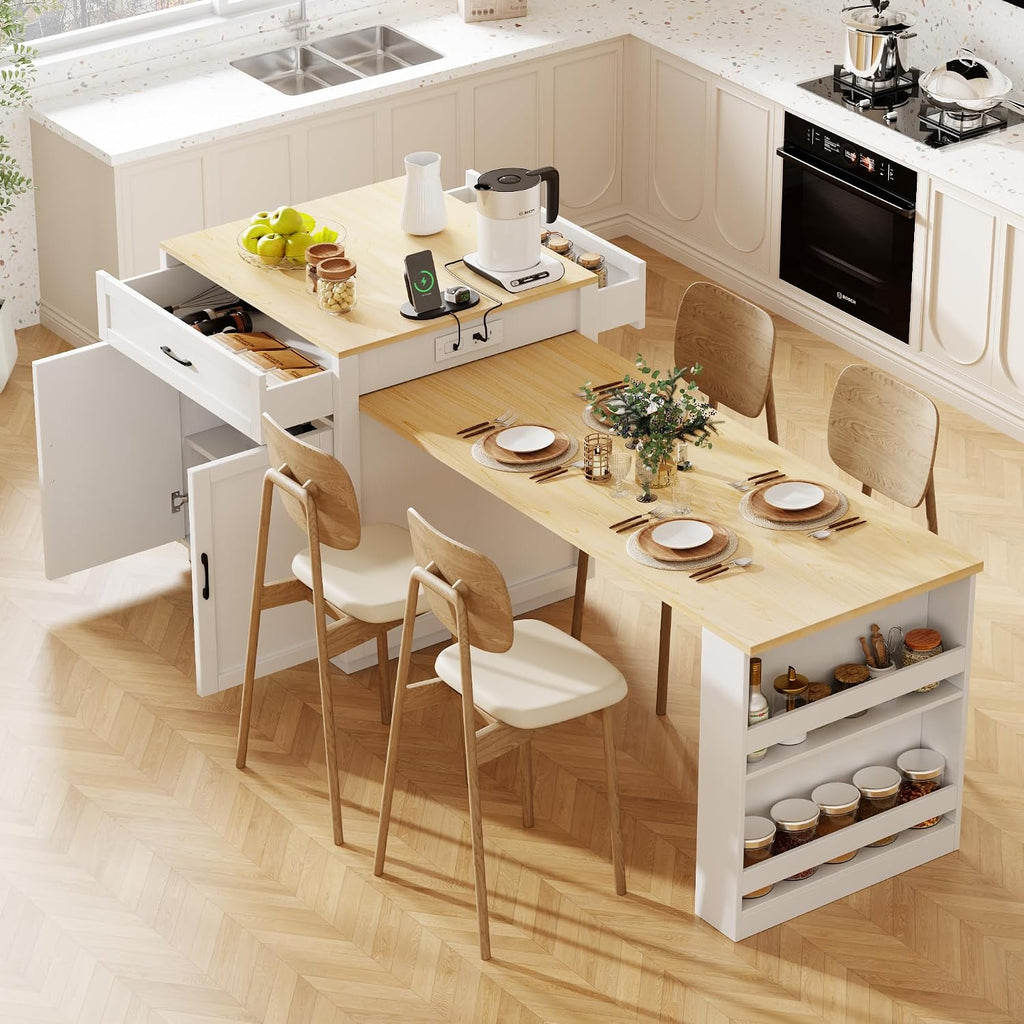 Ball & Cast Kitchen Island with Extendable Dining Table and Power Outlet,82.7" Rolling Kitchen Cart W/ 2 Drawers & 2 Side Open Shelves,Kitchen Table W/Double-Sized Storage,for Dining Room,White