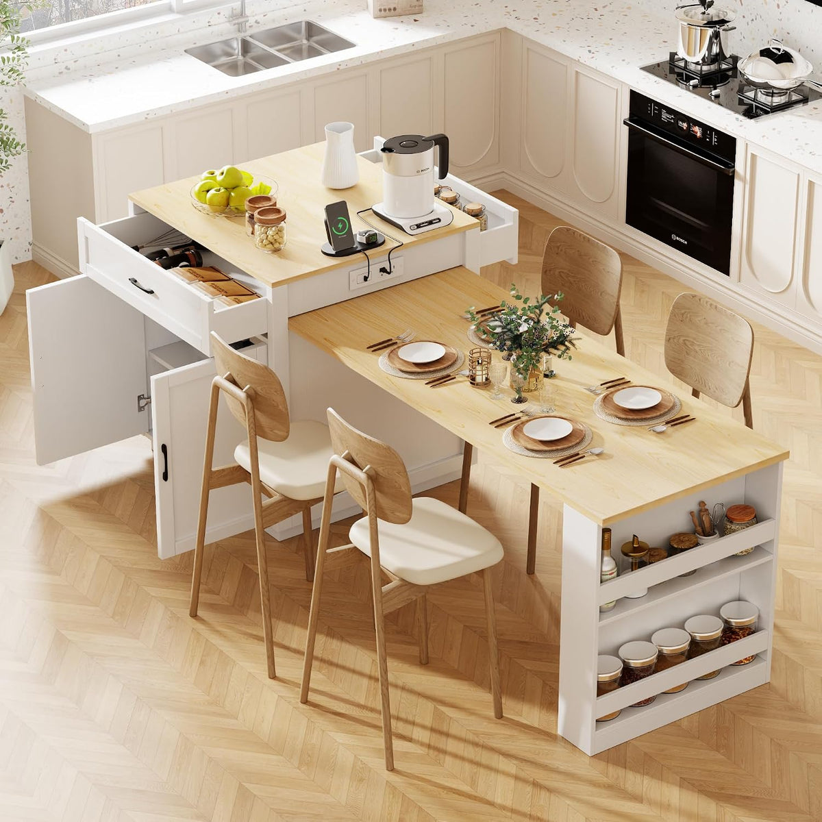 Ball & Cast Kitchen Island with Extendable Dining Table and Power Outlet,82.7" Rolling Kitchen Cart W/ 2 Drawers & 2 Side Open Shelves,Kitchen Table W/Double-Sized Storage,for Dining Room,White