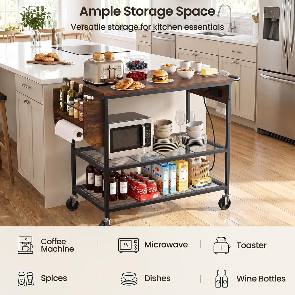 Rolling Kitchen Island with Storage, 3 Tier Kitchen Island Cart with Wheels,Wood Large Worktop, Storage Shelves, Lockable Casters, Power Outlet, Push Handle for Kitchen Dining Room