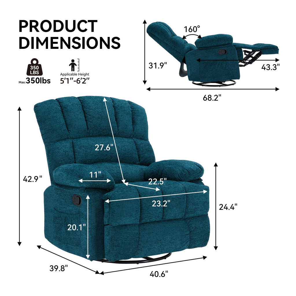 WILLOVE 41" Oversized Rocker Recliner Chair, Rocking Recliners Overstuffed Soft Big Man Manual Recliner, Extra Large Chenille Living Room Chair 350 LBS Capacity, Grey, L