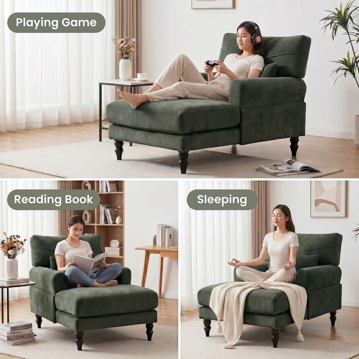 35" Modern Chenille Chaise Lounge Chair (Green)