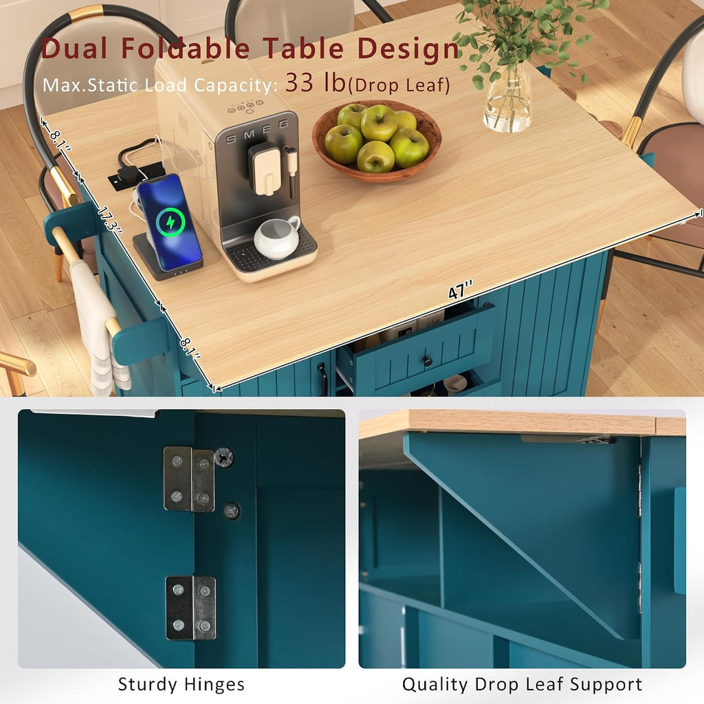 55.7'' Kitchen Island with 2 Drop Leaf for 4-6 Seating, Rolling Kitchen Cart with Power Outlet, 3 Drawers, Spice & Towel Rack, Folding Dining Table for Home Dining Room (Teal)