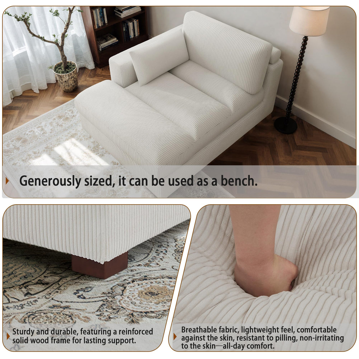 Oversized Corduroy Chaise Lounge Chair with Right Armrest & Cushion, Comfy Upholstered Sleeper Sofa Indoor Recliner Seat Solid Wood Couch w/Washable Cover for Bedroom, Living Room - Orange