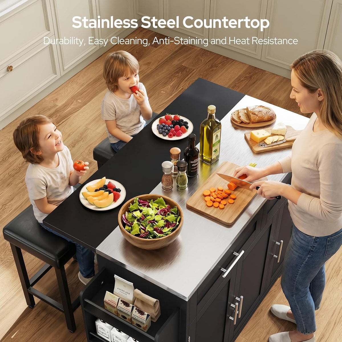 Concho 56" Kitchen Island with Seating Stainless Steel Countertop Black