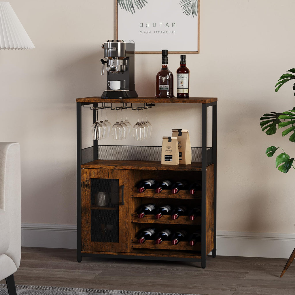 3-Tier Wine Bar Cabinet with Removable Wine Rack, Liquor Storage Cabinet with Glass Holder & Mesh Door, Coffee Bar Sideboard Buffet for Living Room or Dining Room, Gray