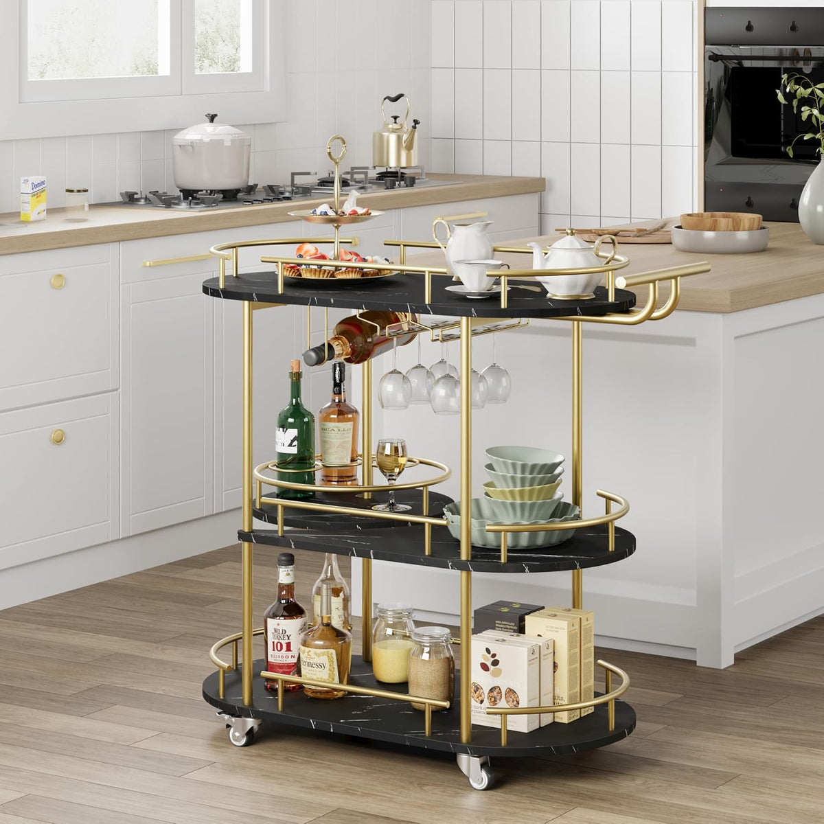 Garvee Bar Serving Cart with Wine Rack and Glass Holder, 3-Tier Rolling Serving Cart with 4 Wheels, Small Serving Table for Living Room, Kitchen, Dining Room, Gold+Black