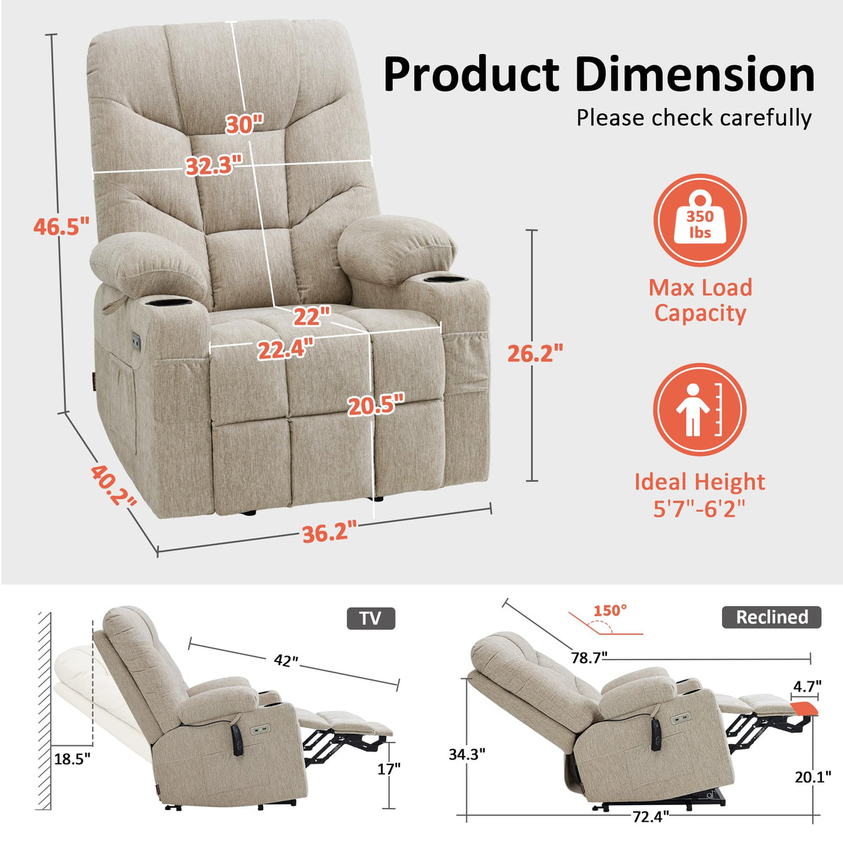 MCombo Power Lift Recliner for Elderly, Fabric 7287 (Light Grey, Medium)