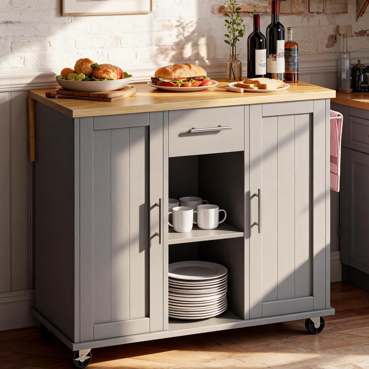 SUNLEI Rolling Kitchen Island Cart with Wheels, Island Table for Kitchen, Farmhouse Kitchen Cart with Drop Leaf & Towel Rack & Drawer, Kitchen Islands Table with Storage Cabinet, Grey