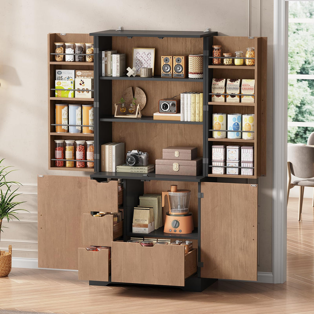 Itaar 71" Kitchen Pantry Cabinet with Charging Station and Led Light, Kitchen Storage Cabinets with Microwave Stand, 59" Wide Pantry Storage Cabinet with Storage Cart 3 Tier for Dining Room, White