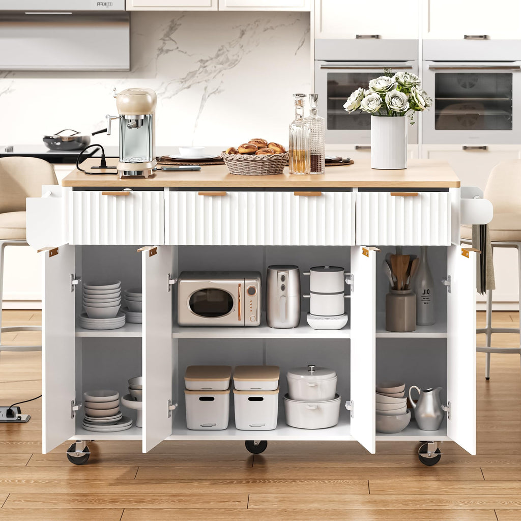 Large Fluted Kitchen Island Cart on Wheels with Storage, Natural