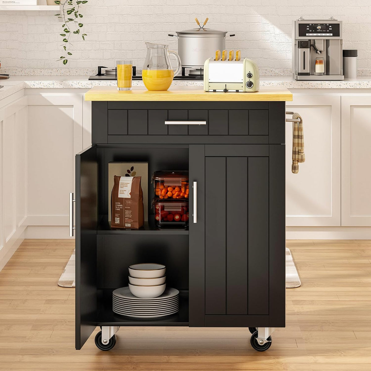 SUNLEI Kitchen Island Cart on Wheels with Storage Cabinet & Drawer, 26" Width Rolling Kitchen Table, Cart Handle for Towel Rack or Free Mobility, Kitchen Cart, Dining Room(Black)