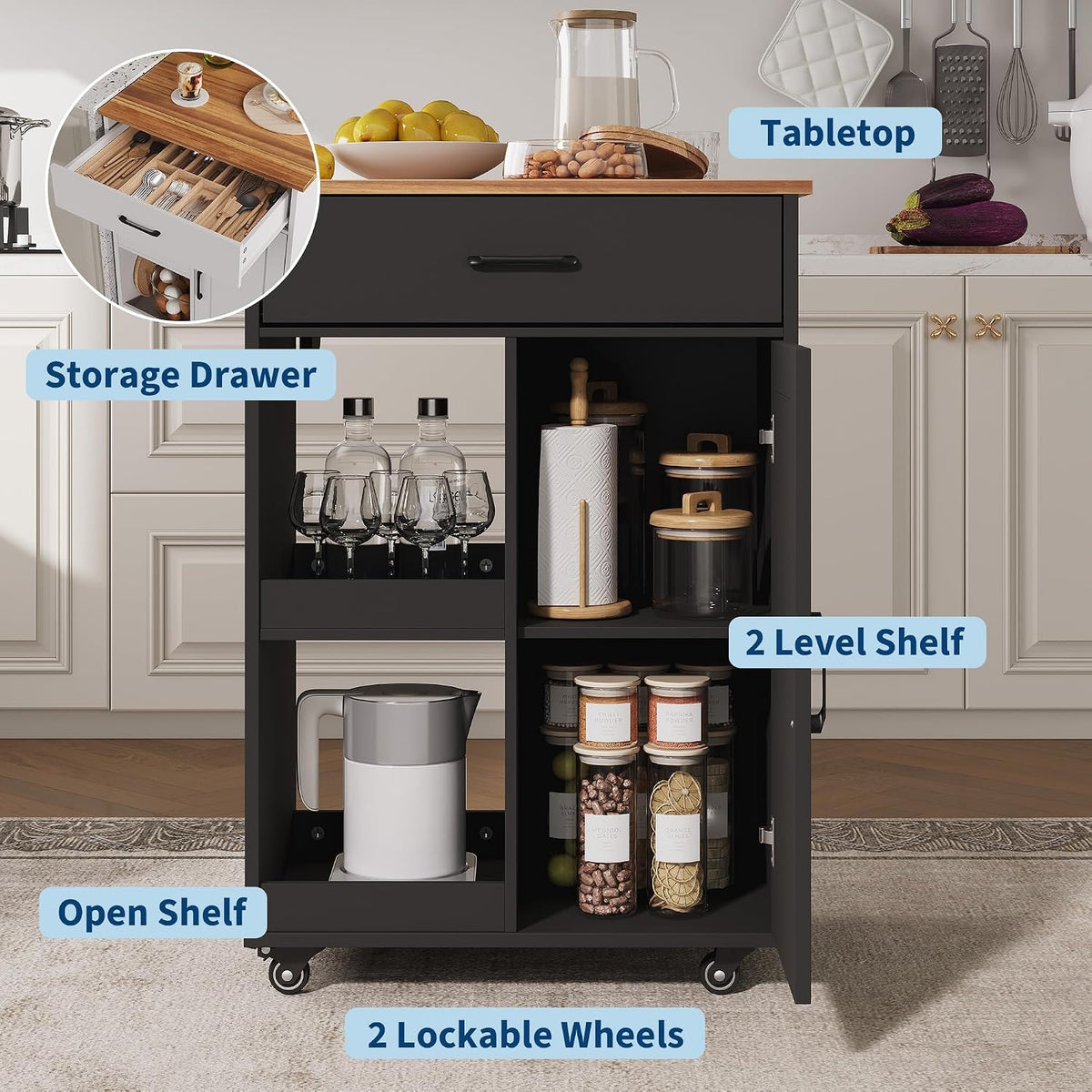 OUTLANE Kitchen Island with Drop Leaf, Rolling Storage Cart on Wheels