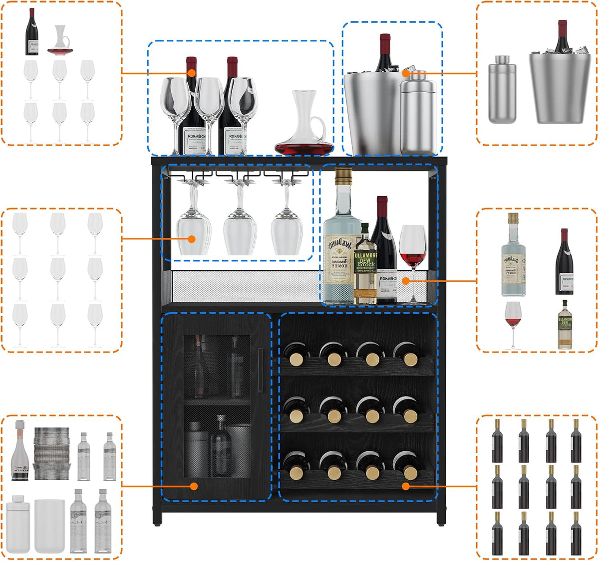 Wine Bar Cabinet, 3-Tier Detachable Wine Rack, Stemware Glass Holder, Mesh Door & Storage Shelves, Liquor Storage Buffet Sideboard for Kitchen, Dining Room, Living Room or Home Bar - Black