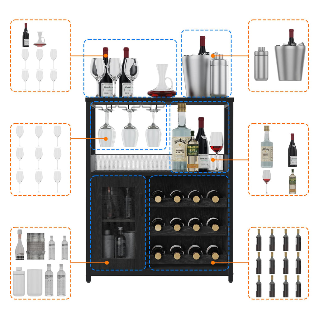 Jojoka 3 Tier Wine Bar Cabinet with LED Lights, Adjustable Storage, Liquor Rack, Glass Holder, Mesh Door, Multi Functional Coffee Bar Sideboard Buffet for Home, Dining Room