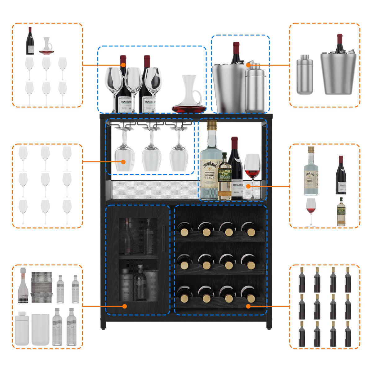 Jojoka 3 Tier Wine Bar Cabinet with LED Lights, Adjustable Storage, Liquor Rack, Glass Holder, Mesh Door, Multi Functional Coffee Bar Sideboard Buffet for Home, Dining Room
