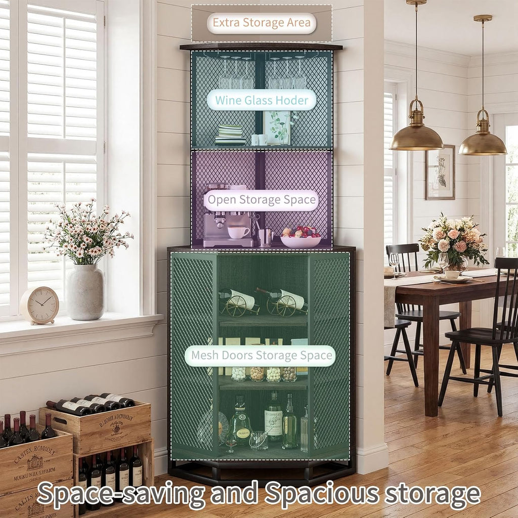 IBF 71 Inch Dark Grey Farmhouse Tall Corner Bar Cabinet with Glass Holder