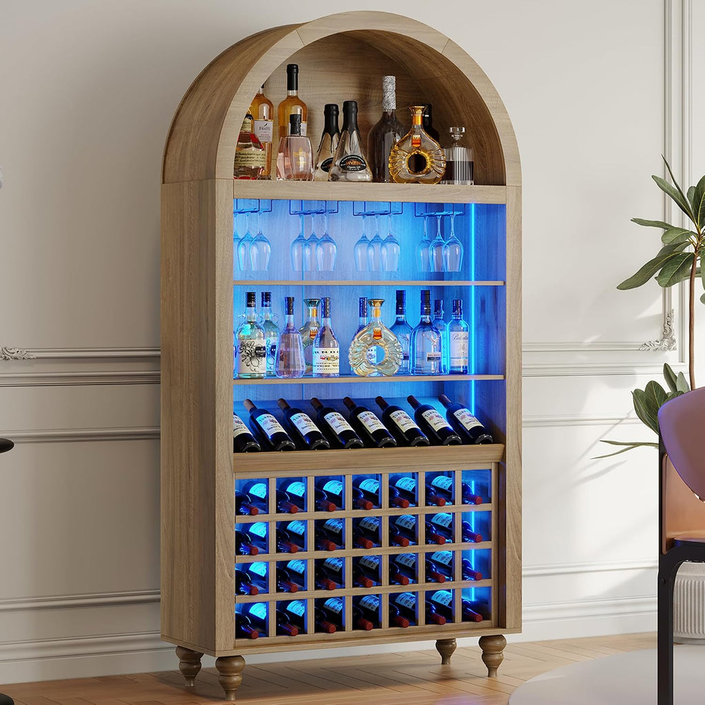 71" Tall Arched Wine Bar Cabinet with Wine Racks & Glass Holder, Wide Liquor Cabinets with LED Lights & Charing Ports, Kitchen Pantry Cupboard, Coffee Bar Storage Cabinet for Home, Dining Room (Oak)