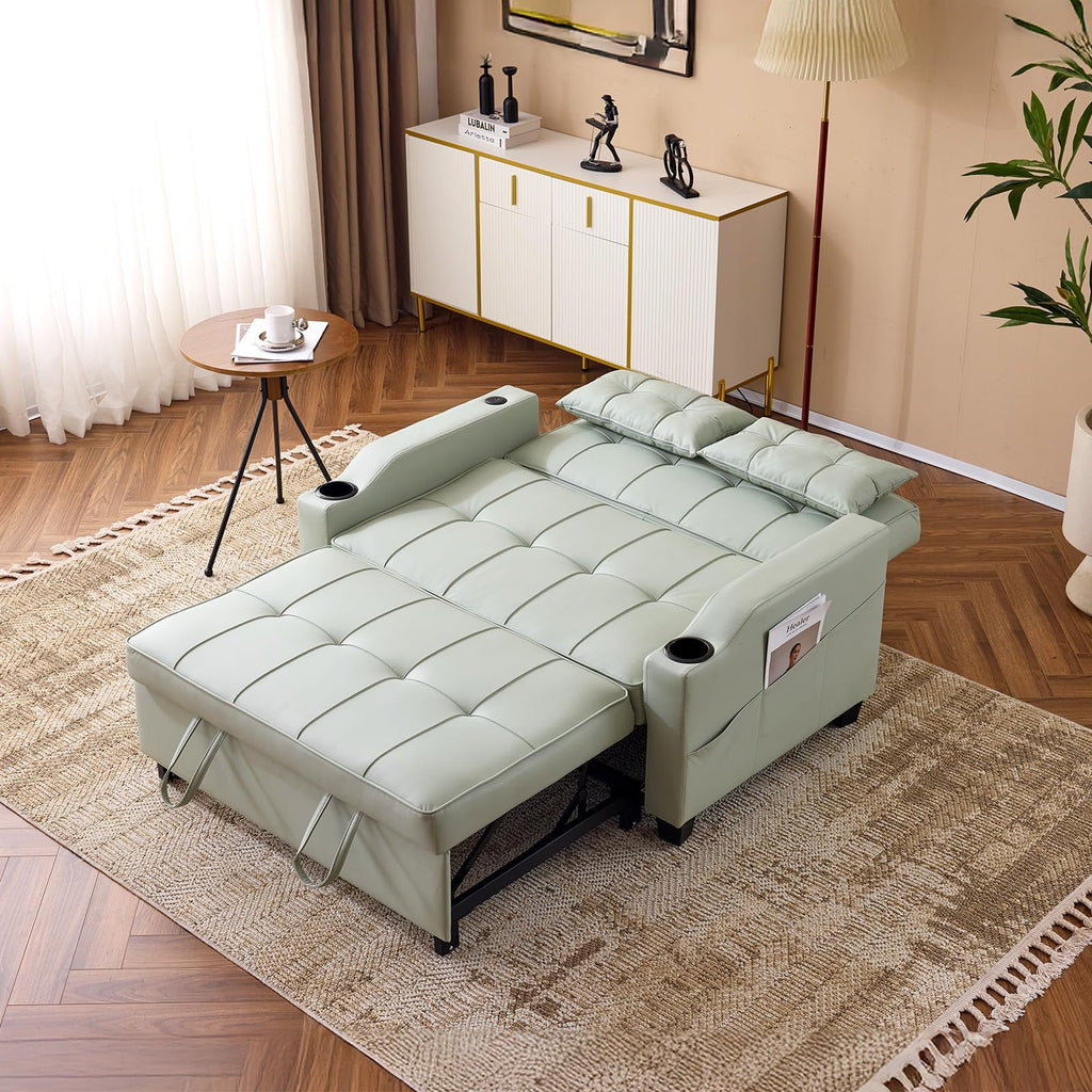 VINGLI Light Grey Futon Sofa Bed Convertible Loveseat Sleeper Couch, Faux Leather Pullout Sofa Fold Out Couch Bed with USB Ports, Cup Holders, Armrest for Living Room, Bedroom Apartment Room