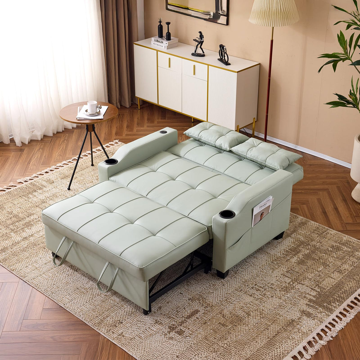 VINGLI Light Grey Futon Sofa Bed Convertible Loveseat Sleeper Couch, Faux Leather Pullout Sofa Fold Out Couch Bed with USB Ports, Cup Holders, Armrest for Living Room, Bedroom Apartment Room
