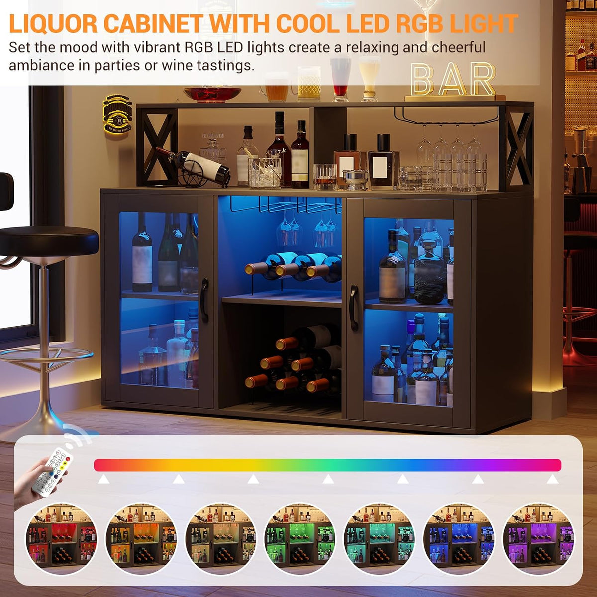 Garvee Wine Cabinet with LED Light, Bar Cabinet with Wine Rack, Glass Holder, and Power Outlets, for Living Room Dining Room, Black