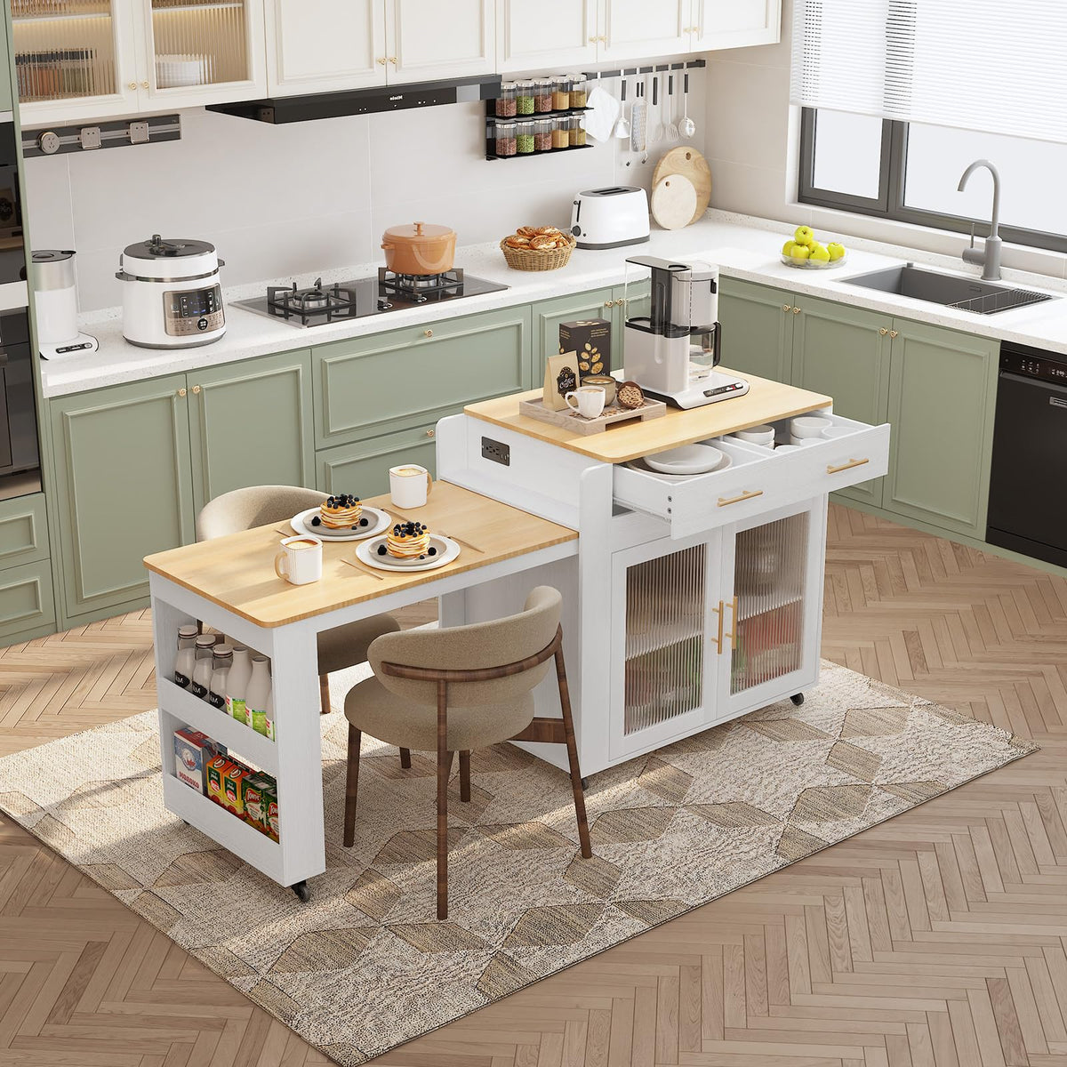 HLR 72" Extendable Rolling Kitchen Island with Storage, Island Table on Wheels with Marble Grain Countertop & Power Outlet, Portable Island Cart with Cabinets, Drawers and Shelves, Wood