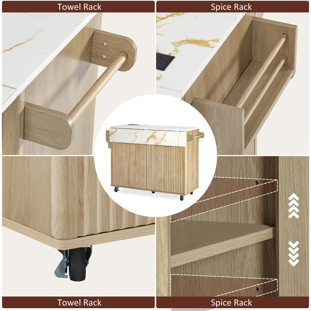 Large Fluted Kitchen Island Cart on Wheels with Storage, Natural