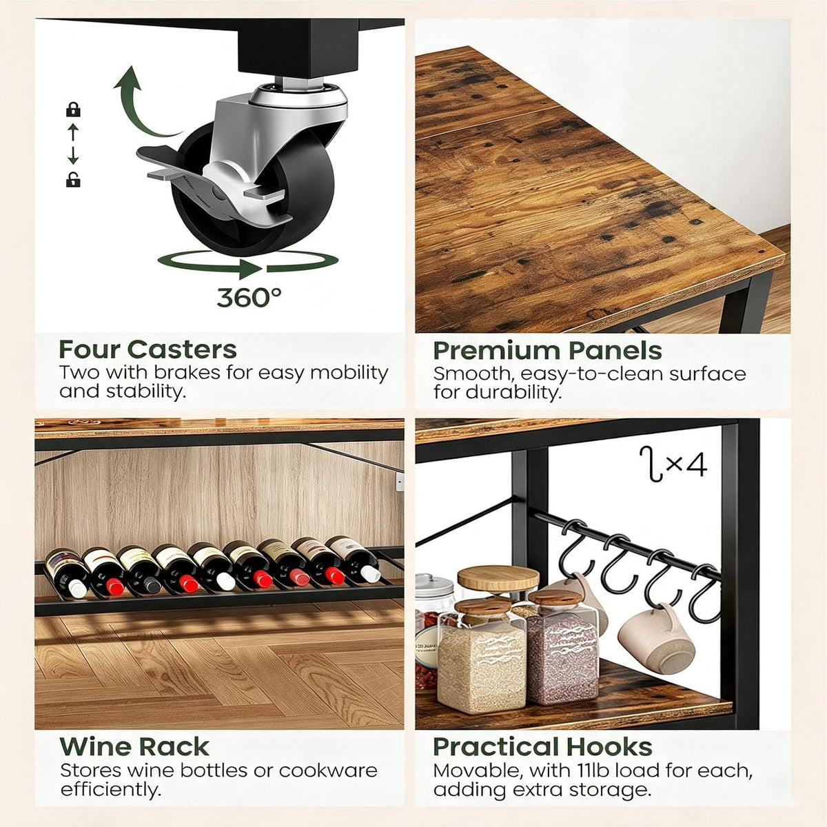 CHOEZON Kitchen Island with Power Outlet and Folding Top, Movable with 3-Tier Storage, Large Size, Wooden Shelves and Wine Rack, for Kitchen, Dining and Living Room, Rustic Brown and Black TZD02UBF