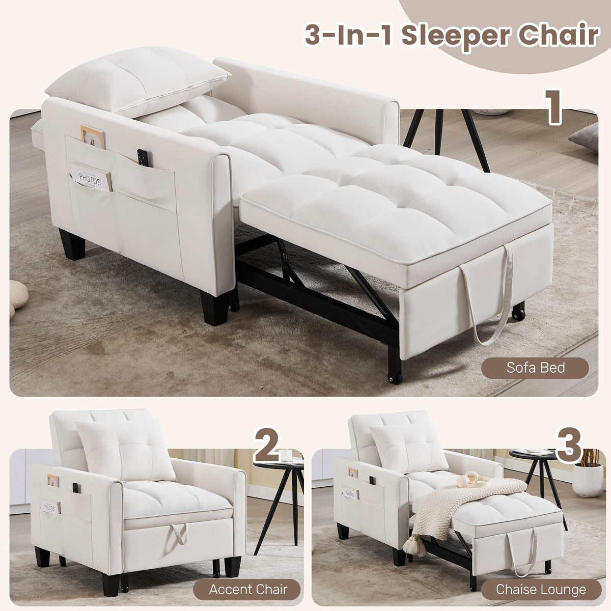 Convertible Sleeper Chair, 3 in 1 Sleeper Chair Bed Pull Out Sofa Bed Chairs, Single Sofa with Adjustable Backrest for Adults Reading Living Room, Bedroom, Black