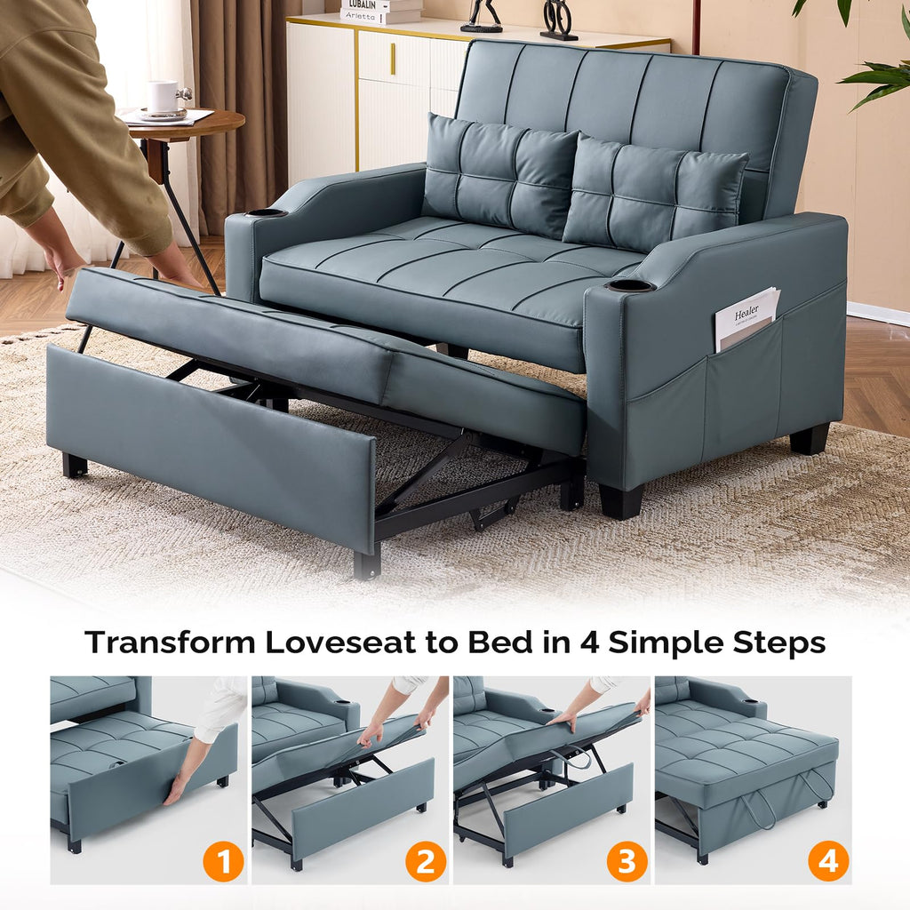 VINGLI Light Grey Futon Sofa Bed Convertible Loveseat Sleeper Couch, Faux Leather Pullout Sofa Fold Out Couch Bed with USB Ports, Cup Holders, Armrest for Living Room, Bedroom Apartment Room
