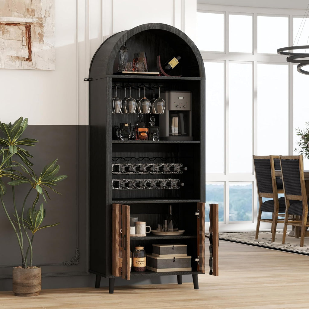 NicBex 71" Farmhouse Arched Bar Cabinet with Wine Rack, Black Wine Cabinet