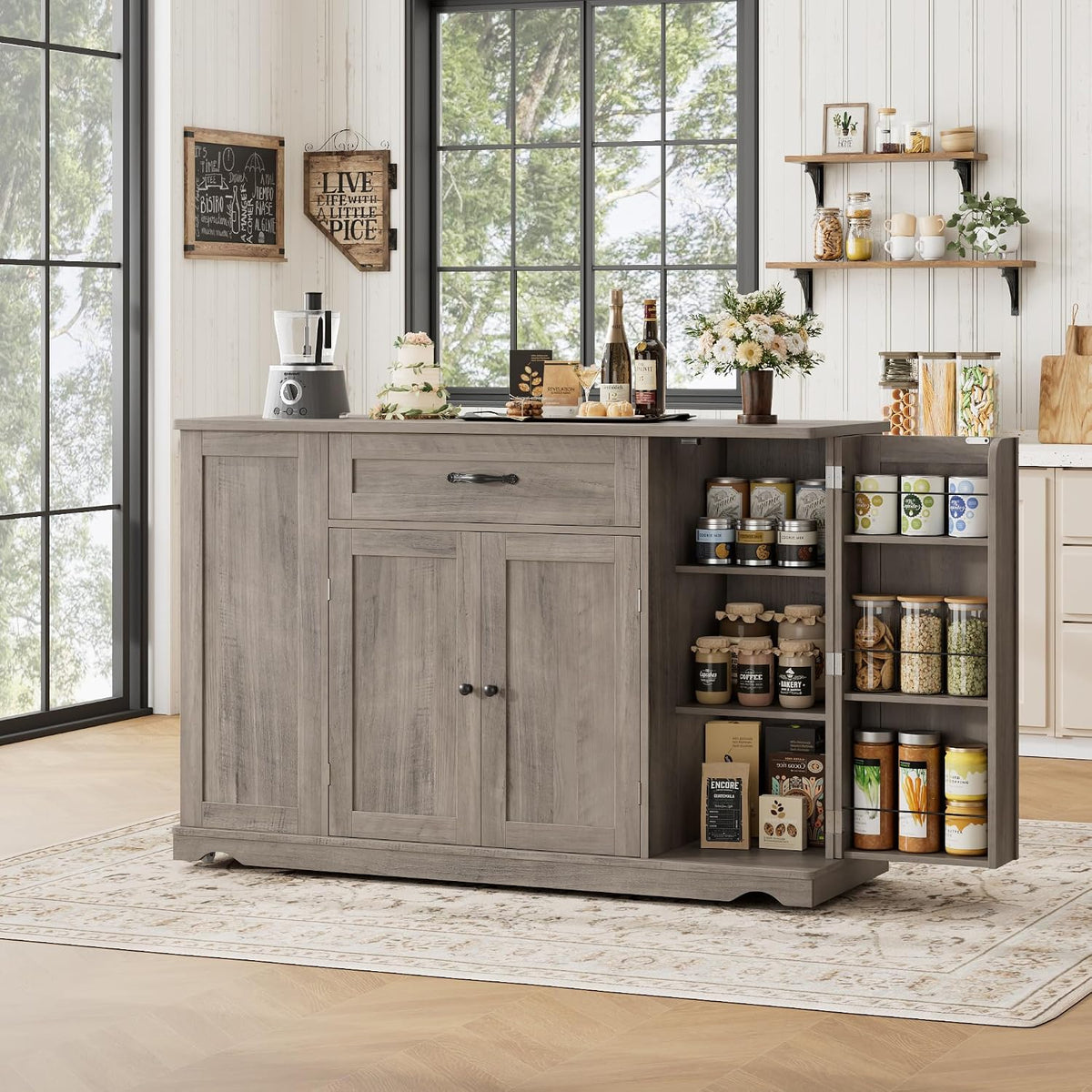 HOSTACK Kitchen Island Cart with Storage, Rolling Island Table, Ash Gray