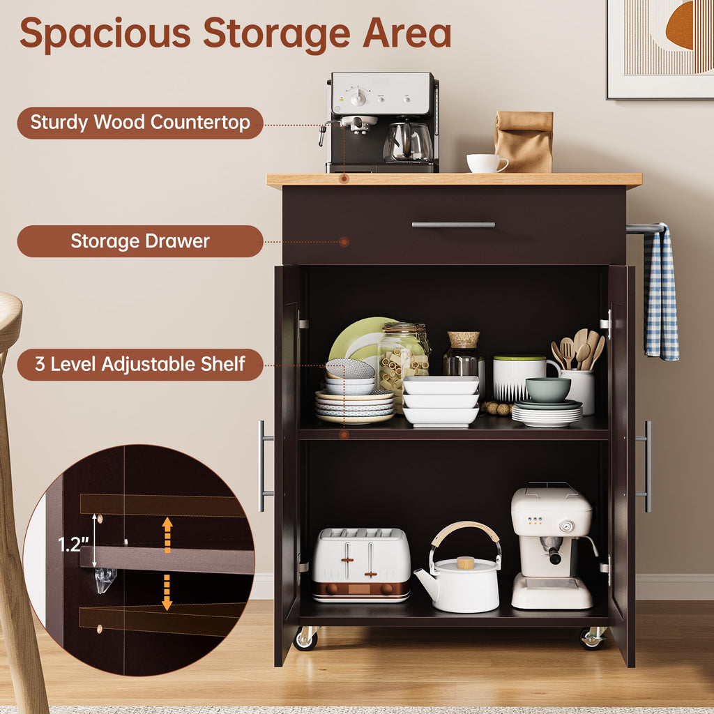 OtterOasis Mobile Kitchen Island on Wheels, Large Drawer, Black