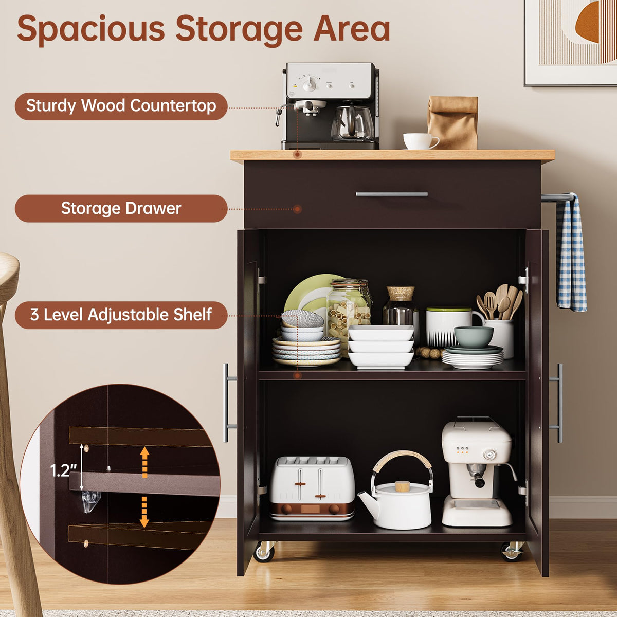 OtterOasis Mobile Kitchen Island on Wheels, Large Drawer, Black