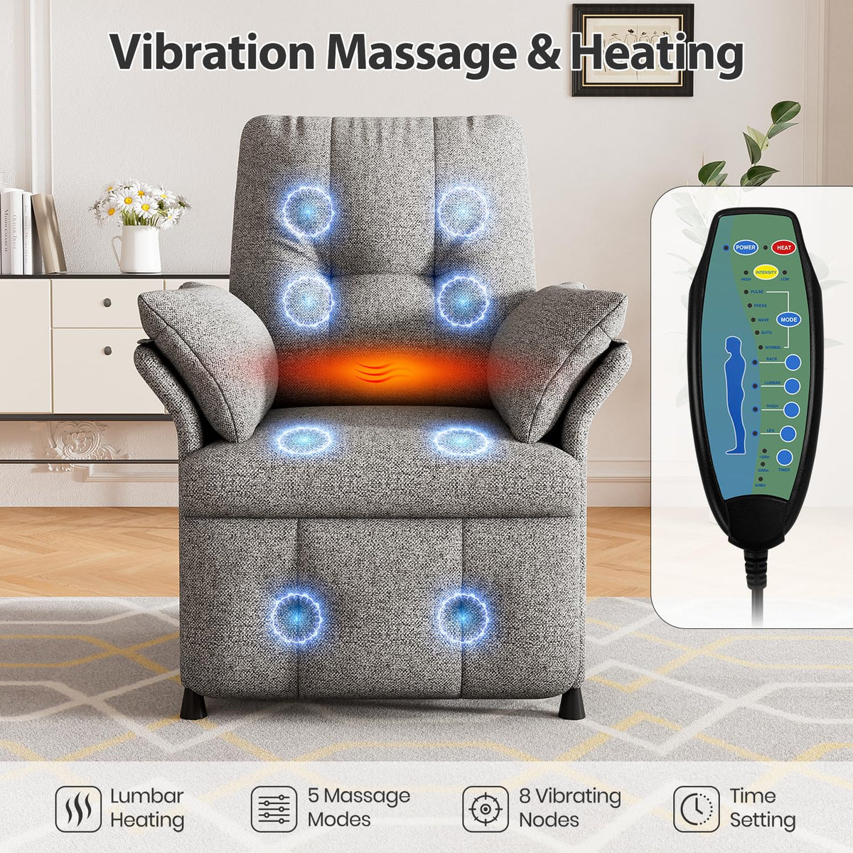 Power Recliner Chair with Heat & Massage, Electric Recliner for Elderly