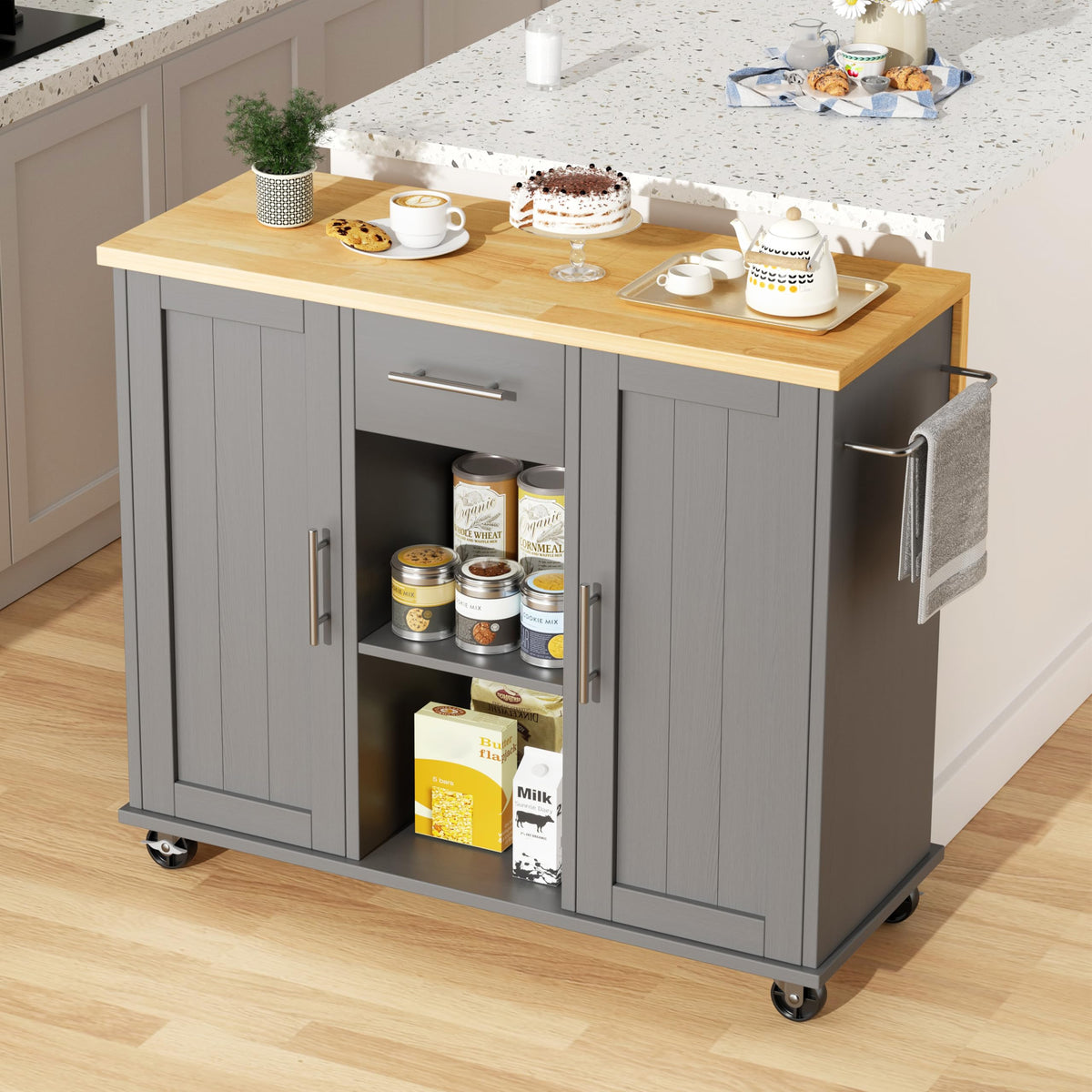 JY QAQA 42" Rolling Kitchen Island Cart with Storage, Drop Leaf Countertop, Drawers & Towel Rack, Mobile Kitchen Table on Wheels for Kitchen Dining Room, White