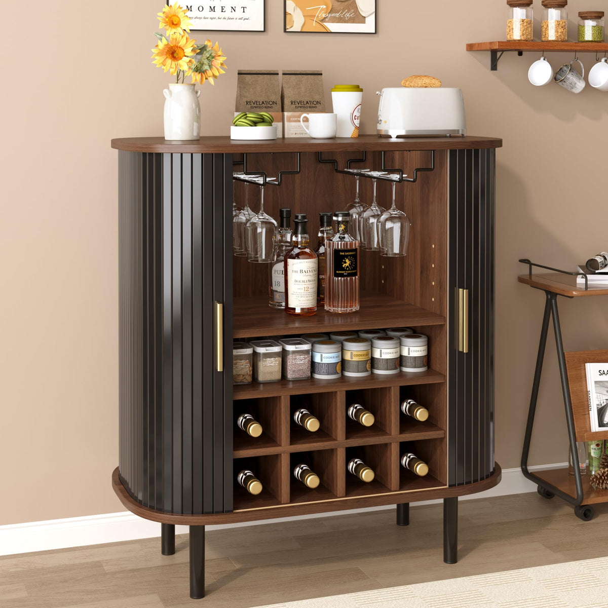 28" Fluted Wine Bar Cabinet with Storage, Modern Liquor Cabinets, Walnut