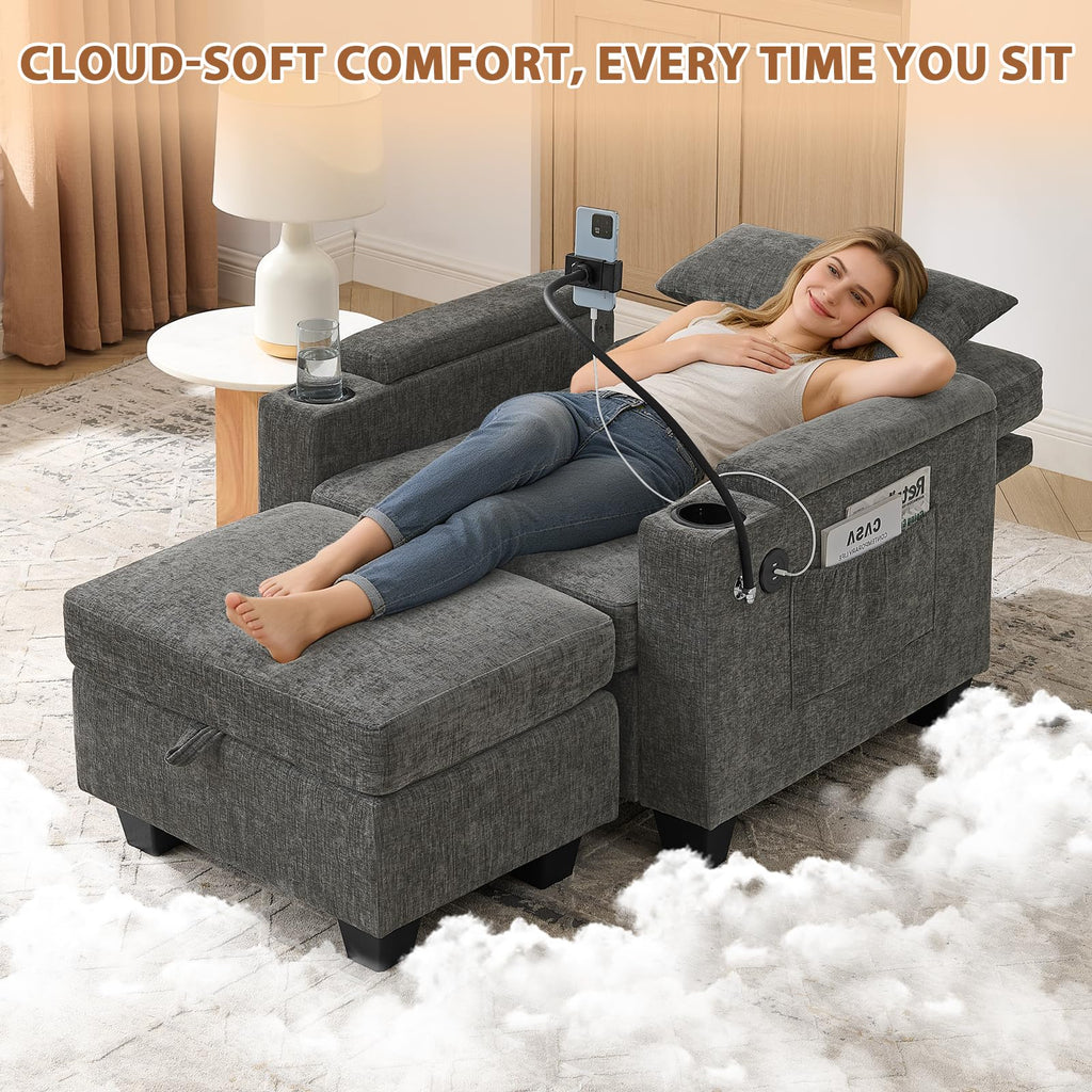 Oversized Chaise Lounge Chair Indoor, Single Convertible Recliner Reading Arm Sofa Chair W/Adjustable Backrest & Charging Port Couch Bed for Living Room, Home Theater & Bedroom, Brown