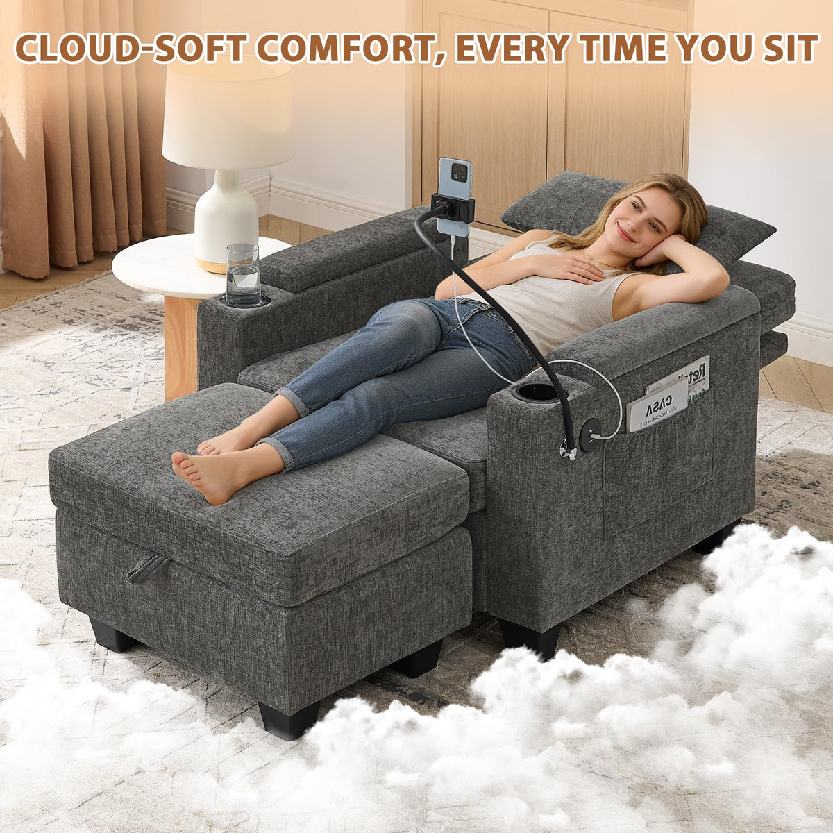 Oversized Chaise Lounge Chair Indoor, Single Convertible Recliner Reading Arm Sofa Chair W/Adjustable Backrest & Charging Port Couch Bed for Living Room, Home Theater & Bedroom, Brown