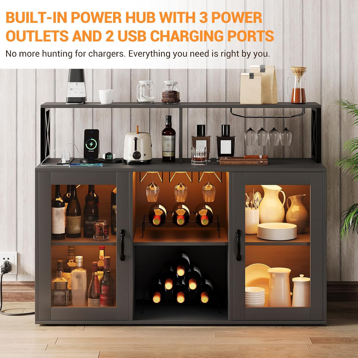 Garvee Wine Cabinet with LED Light, Bar Cabinet with Wine Rack, Glass Holder, and Power Outlets, for Living Room Dining Room, Black