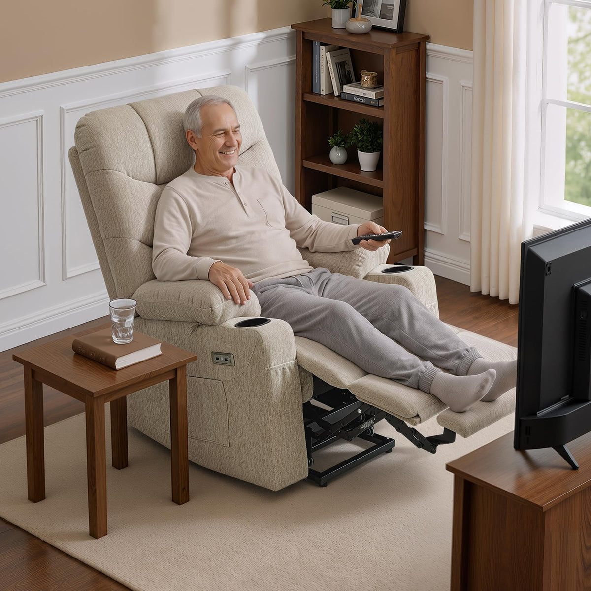 MCombo Power Lift Recliner for Elderly, Fabric 7287 (Light Grey, Medium)