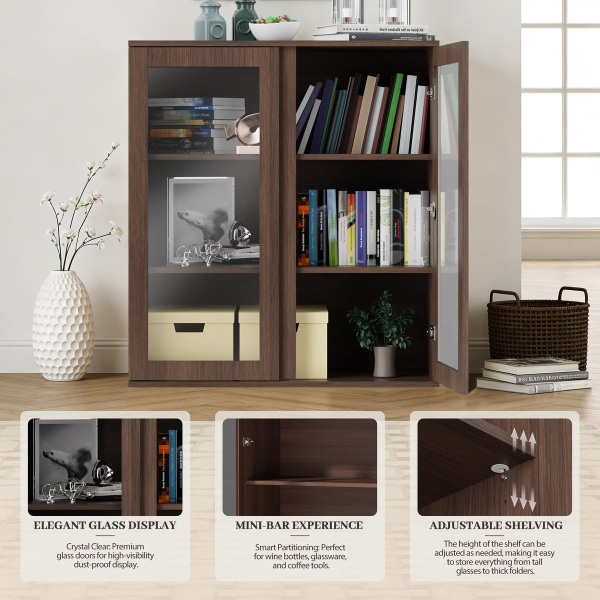 Liquor Cabinet with Wine Rack & Stemmed Holder & Drawer, Walnut