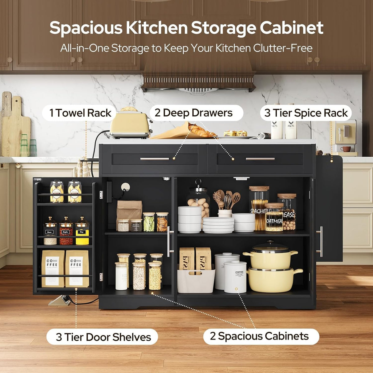 Concho 56" Kitchen Island with Seating Stainless Steel Countertop Black