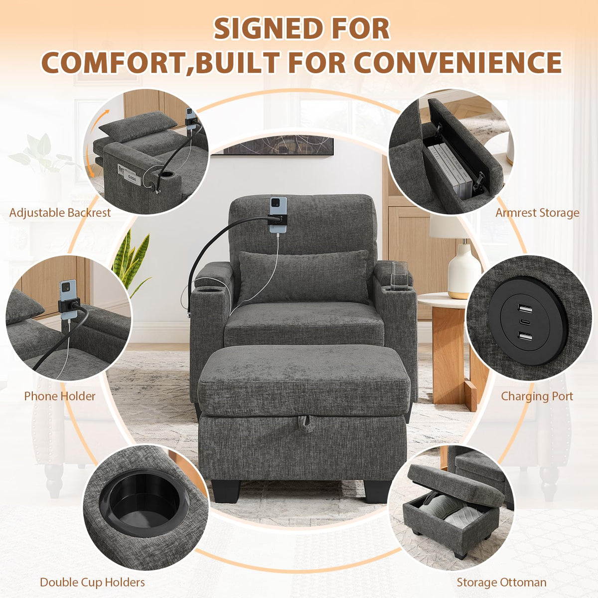 Oversized Chaise Lounge Chair Indoor, Single Convertible Recliner Reading Arm Sofa Chair W/Adjustable Backrest & Charging Port Couch Bed for Living Room, Home Theater & Bedroom, Brown