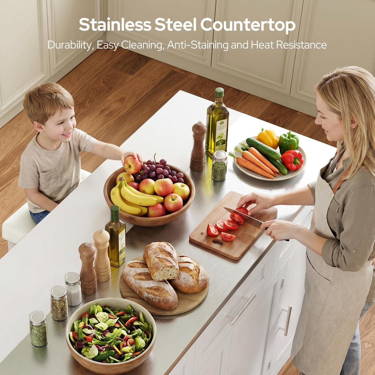 Concho 56" Kitchen Island with Seating Stainless Steel Countertop Black