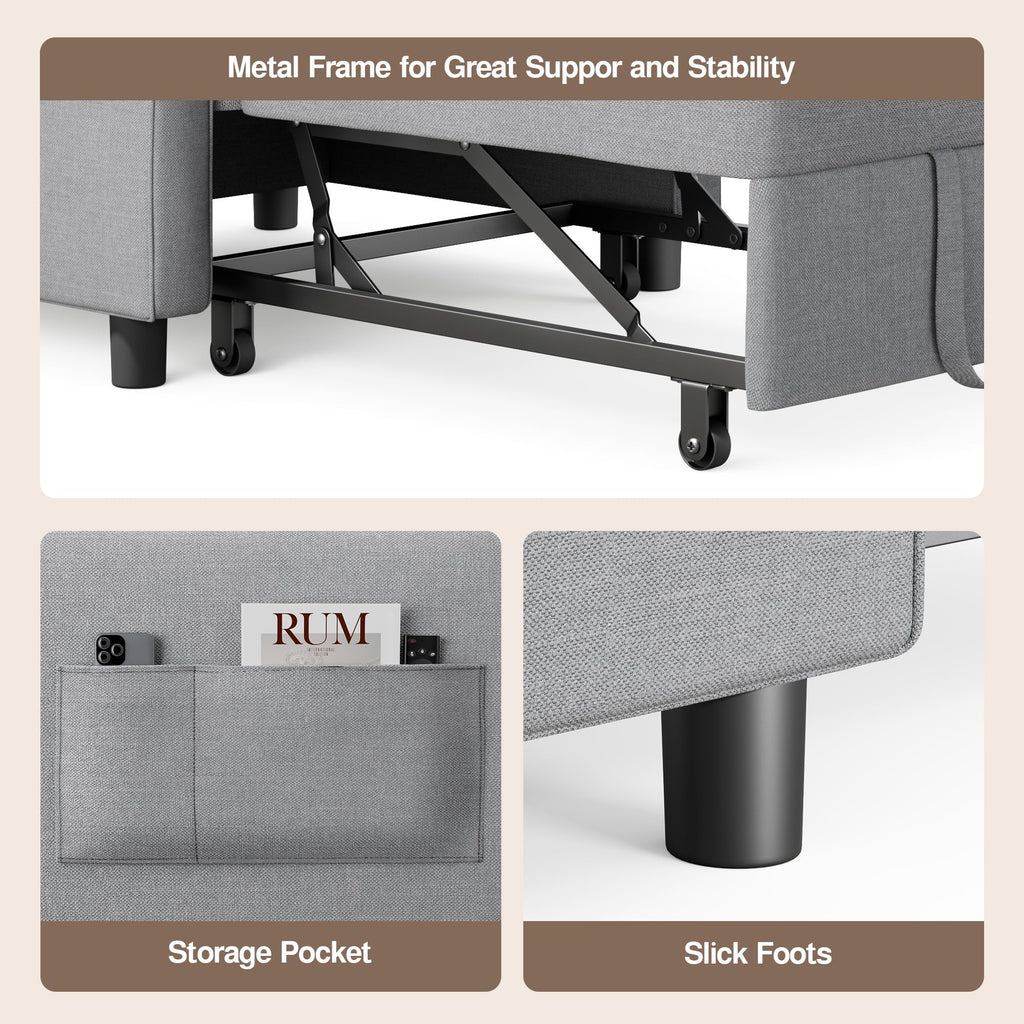 Ahomly Convertible Sofa Chair Bed, 3-in-1 Linen Pull Out Chair, Dark Gray
