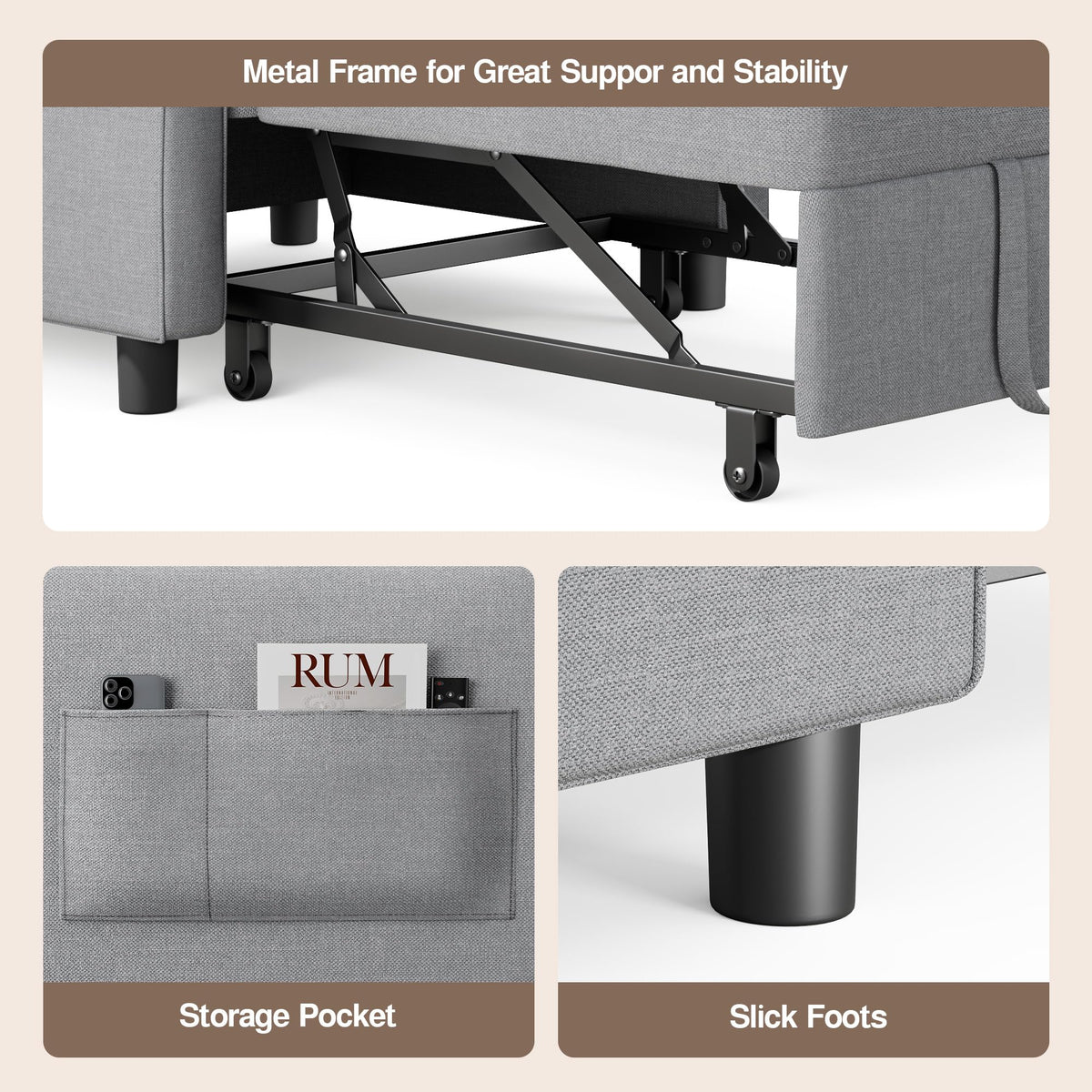Ahomly Convertible Sofa Chair Bed, 3-in-1 Linen Pull Out Chair, Dark Gray