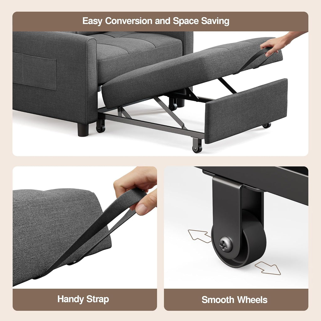 Ahomly Convertible Sofa Chair Bed, 3-in-1 Linen Pull Out Chair, Dark Gray
