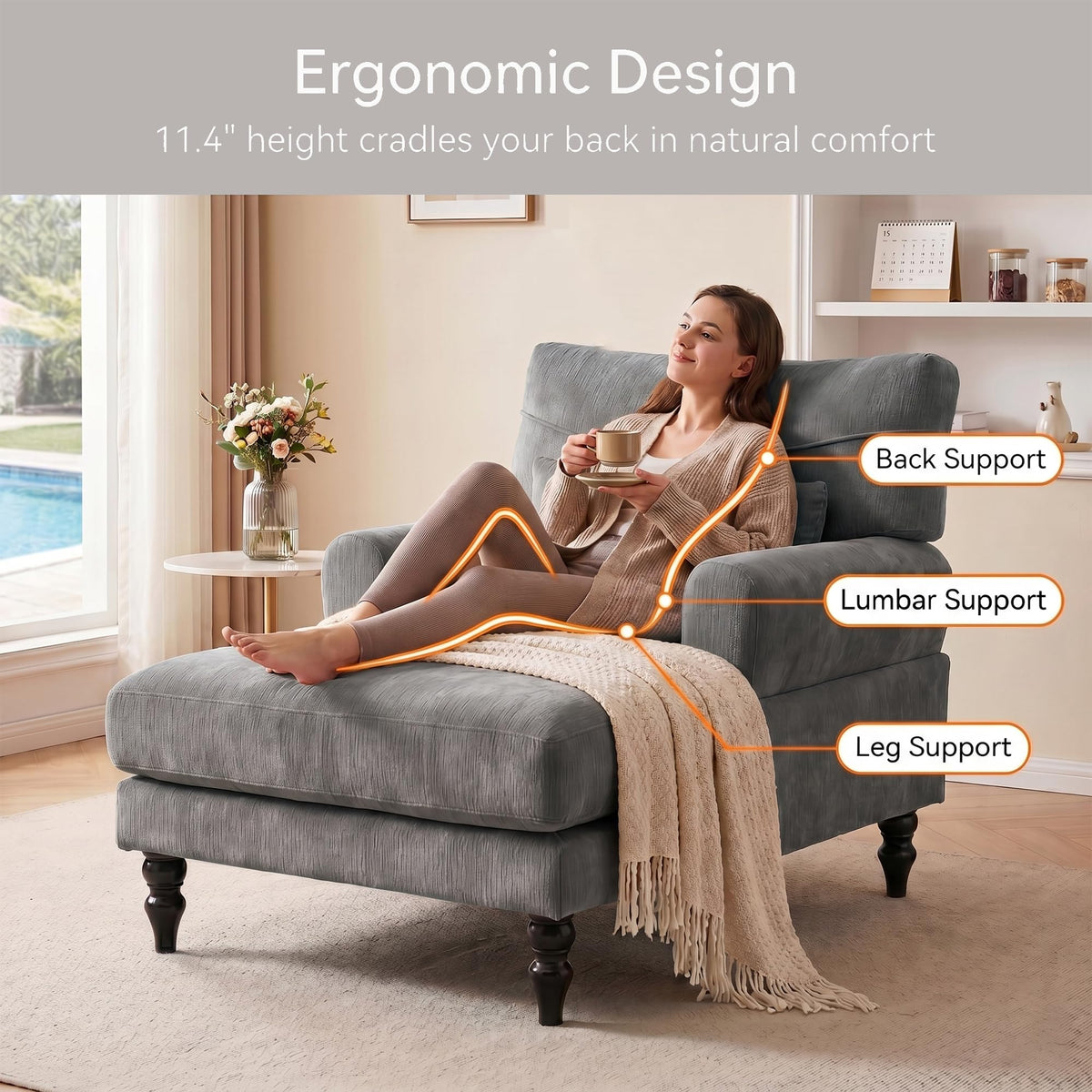 35" Modern Chenille Chaise Lounge Chair (Green)