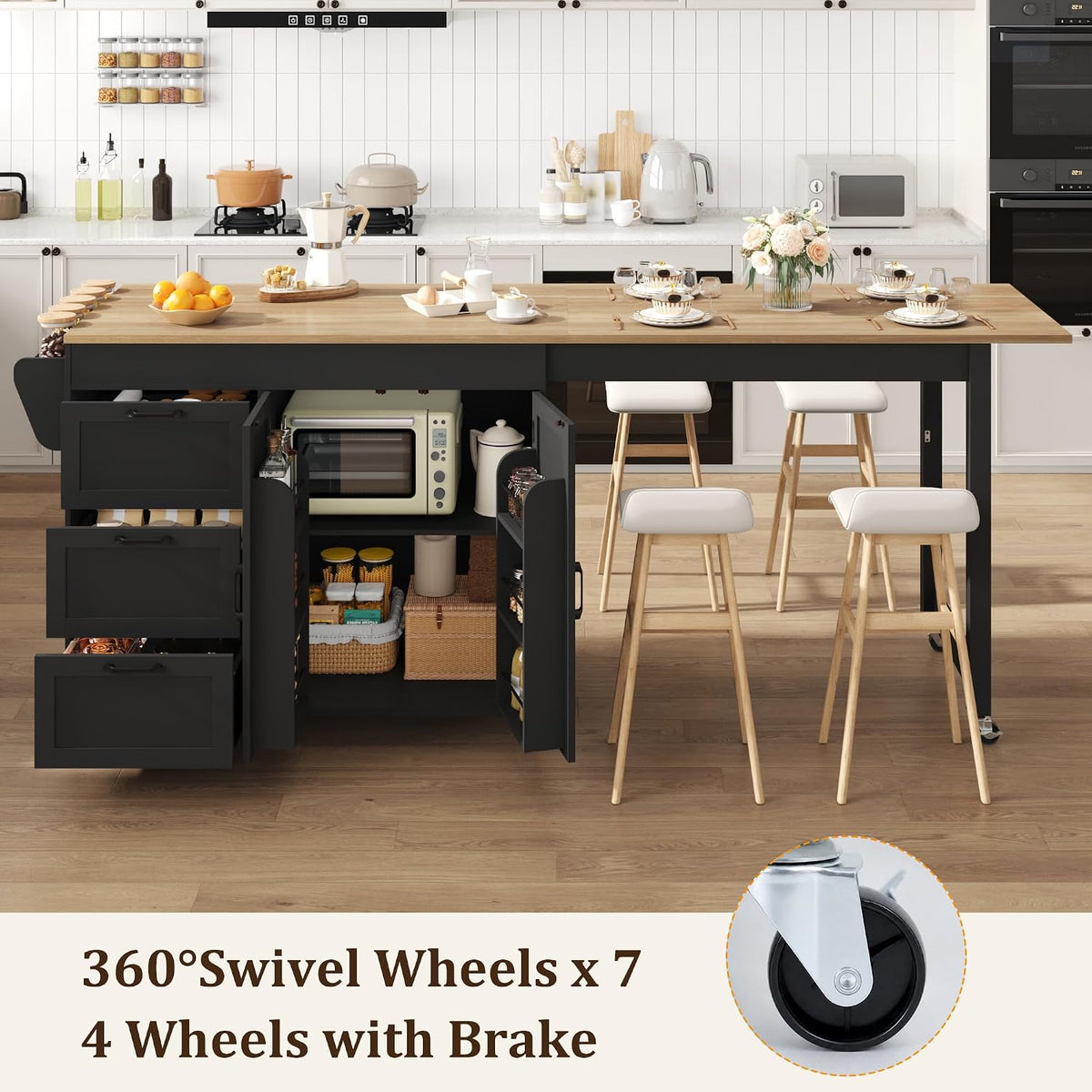 St.Mandyu 47â- 90â Flip-Top Kitchen Island with Extendable Dining Table, Mobile Rolling Storage Kitchen Cart with 3 Drawers & Spice Rack, Multi-Functional Bar Island Table Seats 2-4, Black